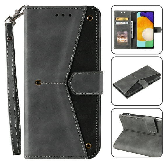 For Moto G Play 4G 2024 Wallet Case with Wrist Strap, Premium PU Leather Flip Protective Cover RFID Blocking Card Holder & Cash Slot,Magnetic Closure Flip Kickstand Function for Men Women,Gray