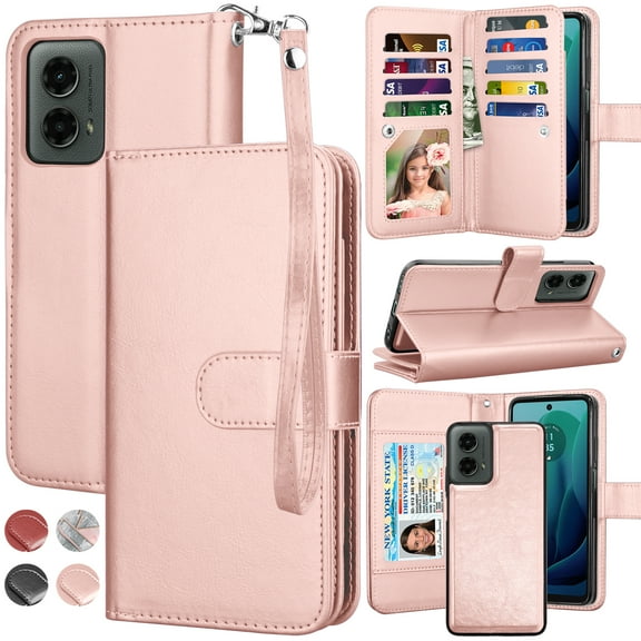 For Moto G Play 5G 2024 Case, Motorola Moto G Play 5G 2024 Leather Wallet Case with Card Holder and Lanyard for Women Men, eBizWare Magnetic Flip Detachable Phone Cover - Rose Gold