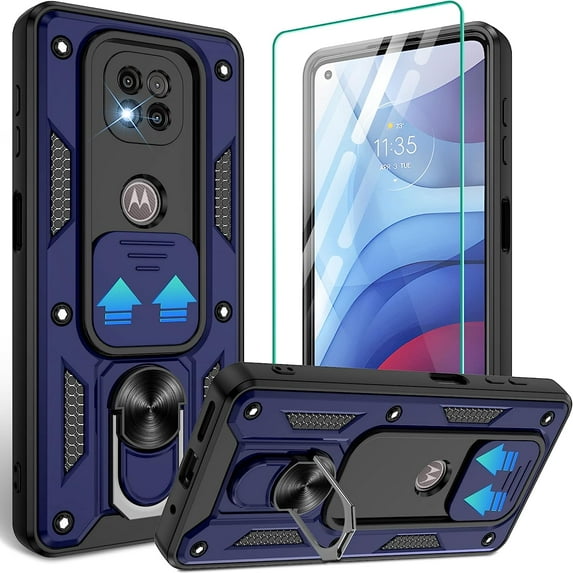 Moto G Power 2021 Case, with HD Screen Protector (Not Fit 2020/2022), Heavy Duty Shockproof Phone Cover with Magnetic Kickstand Ring for Motorola Moto G Power 2021, Blue