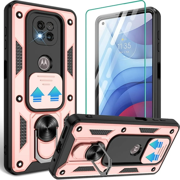 Moto G Power 2021 Case, with HD Screen Protector (Not Fit 2020/2022), Heavy Duty Shockproof Phone Cover with Magnetic Kickstand Ring for Motorola Moto G Power 2021, Rose Gold