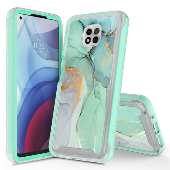 Moto G Power 2021 Case, Rosebono Graphic Design Shockproof Impact Resistant Protective Full-Body Rugged Clear Hybrid Bumper Case for Moto G Power 2021 (Green Marble)