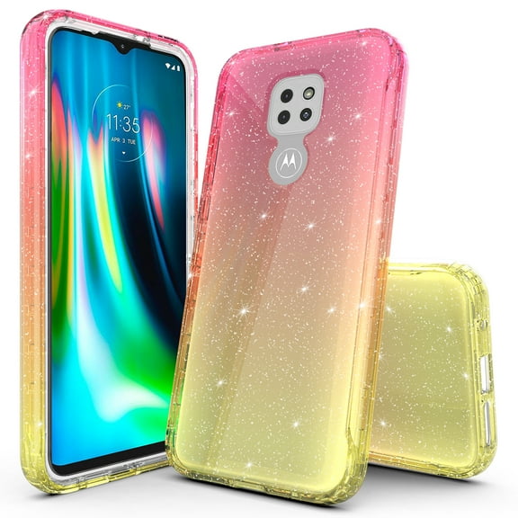 Moto G Power 2021 Case, Rosebono Hybrid Glitter Sparkle Transparent Colorful Gradient TPU Skin Cover 360 Protection Case For Motorola Moto G Power 2021 (Gold/Pink)