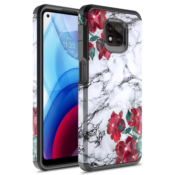 Moto G Power 2021 Case, Rosebono Slim Hybrid Shockproof Hard Cover Graphic Fashion Colorful Skin Cover Armor Case for Moto G Power 2021 (Rose Marble)