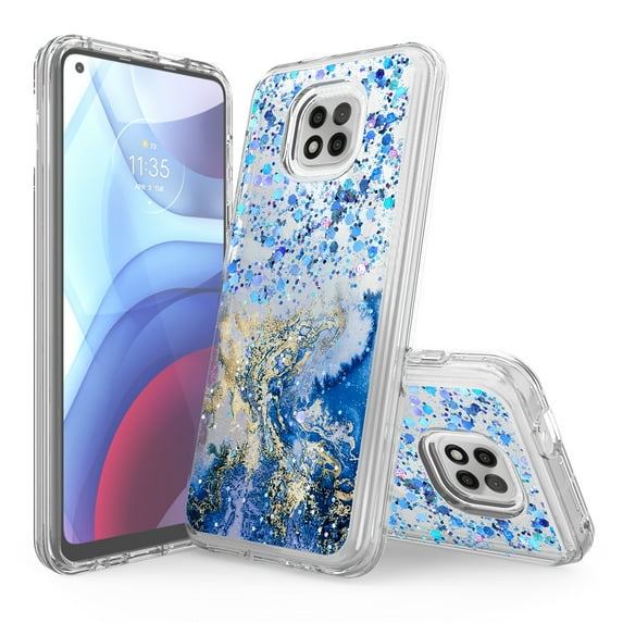 Moto G Power 2021 Phone Case, Rosebono Hybrid Bling Glitter Sparkle Epoxy Graphic Marble Colorful Silicone Skin Cover Armor Case for Moto G Power 2021 (Blue)