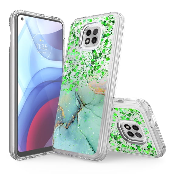 Moto G Power 2021 Phone Case, Rosebono Hybrid Bling Glitter Sparkle Epoxy Graphic Marble Colorful Silicone Skin Cover Armor Case for Moto G Power 2021 (Green Barble)