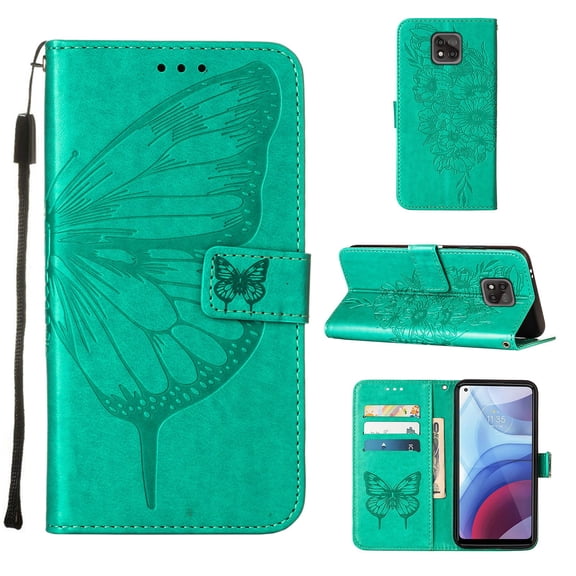 Moto G Power 2021 Wallet Case, Embossed Butterfly PU Leather Credit Card Holder Slots Full Body Protection Kickstand Flip Folio Shockproof TPU Phone Cover for Motorola Moto G Power 2021, Green