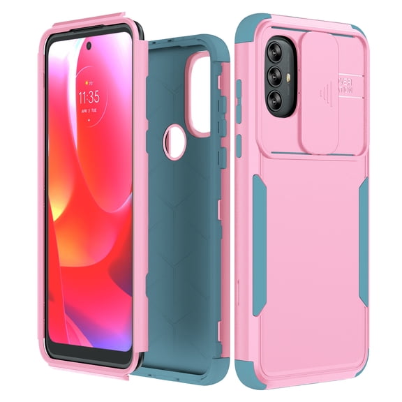 Moto G Power 2022 Case with Slide Camera Cover, Heavy Duty Camera Lens Protection Hard PC Soft TPU Slim Fit Military-Grade Drop Protective Phone Case Moto G Power 2022 (Pink+Celadon)