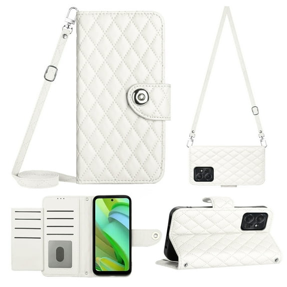 for Moto G Power 2023 Wallet Case RFID Blocking Card Slots Holder with Shoulder&Crossbody Strap, Magnetic Folio Kickstand Handbag Flip Phone Cover for Motorola Moto G Power 2023, White