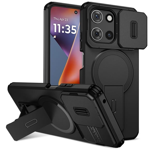 For Moto G Power (2025) Phone Case,Compatible with Wireless Charging,With Invisible Contractile Kickstand,Camera Cover,2-in-1 Hybrid Heavy Duty Shockproof Non-Slip Durable Phone Case,Black