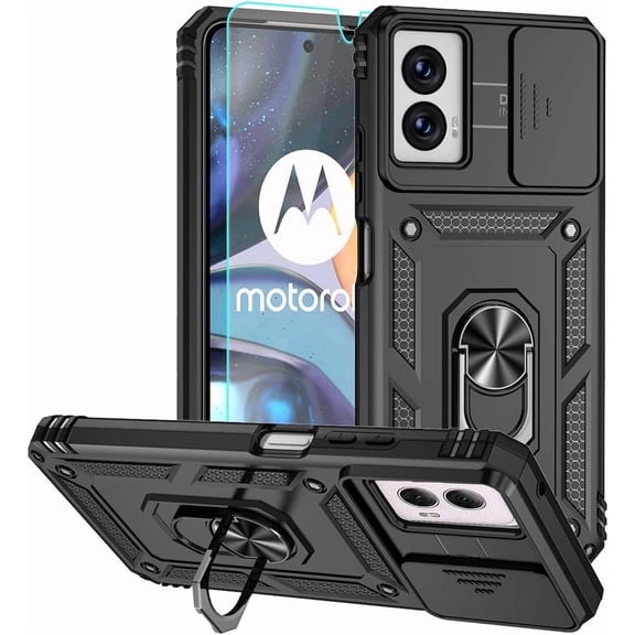 for Moto G Power 5G 2024 Case, Silicone Rubber Bumper Hard Plastic Phone Case with [Sliding Camera Lens Cover] [360 Rotatable Kickstand Ring] [HD Screen Protector] for Motorola G Power 2024 Black