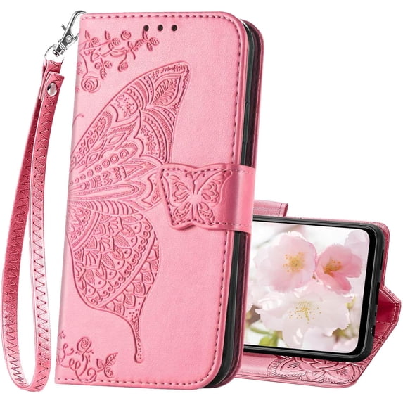 for Moto G Power 5G 2024 Case Wallet,Women Flip Folio Cover with Credit Card Holders Butterfly Embossed PU Leather Kickstand Wrist Strap Phone Case for Motorola Moto G Power 2024 (Pink)