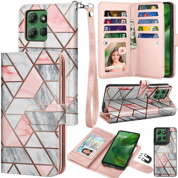 For Moto G Power 5G 2025 Case, Motorola Moto G Power 5G 2025 Wallet Case with Card Holder and Lanyard for Women Men, Ebizware Magnetic Flip Detachable Leather Cell Phone Cover - Marble Pink
