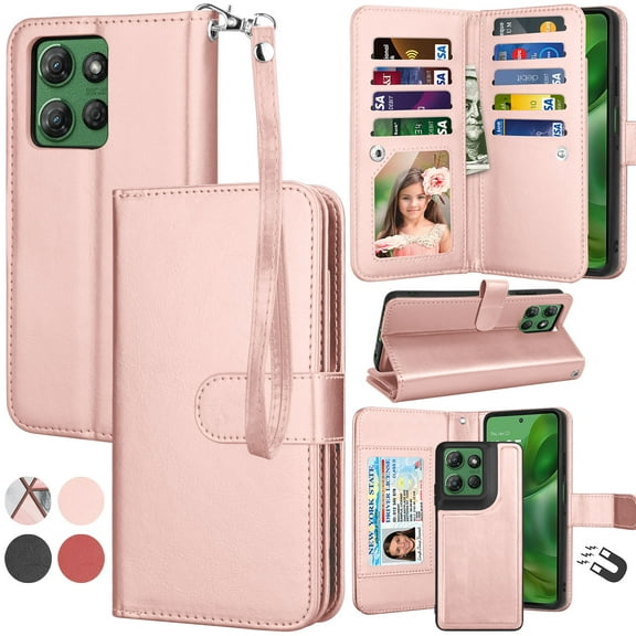 For Moto G Power 5G 2025 Case, Motorola Moto G Power 5G 2025 Wallet Case with Card Holder and Lanyard for Women Men, Ebizware Magnetic Flip Detachable Leather Cell Phone Cover - Rose Gold