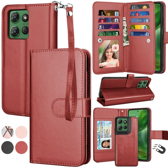 For Moto G Power 5G 2025 Case, Motorola Moto G Power 5G 2025 Wallet Case with Card Holder and Lanyard for Women Men, Ebizware Magnetic Flip Detachable Leather Cell Phone Cover - Wine Red