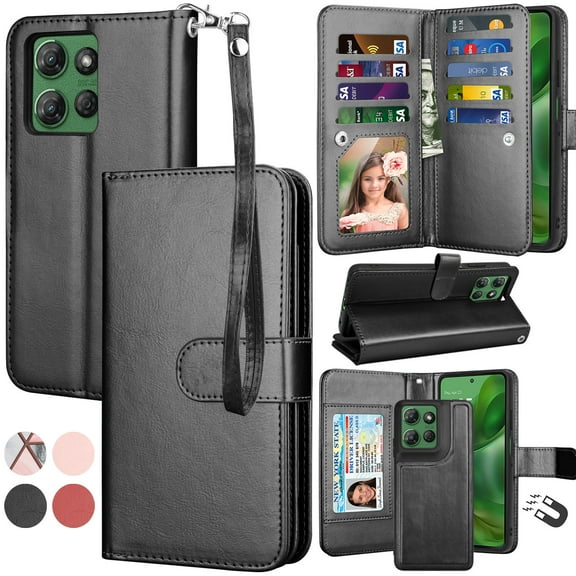 For Moto G Power 5G 2025 Case, Motorola Moto G Power 5G 2025 Wallet Case with Card Holder and Lanyard for Women Men, Ebizware Magnetic Flip Detachable Leather Cell Phone Cover - Black