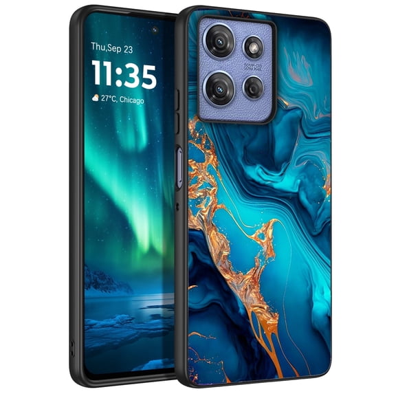 Moto G Power 5G Case 2025/Moto G Power 5G Case 2026 - DOMAVER Slim Fit Glow in The Dark Cover | Hard PC + Soft TPU Bumper | Protective Case for Motorola Moto G Power 5G (2025) - Blue Marble/Gold