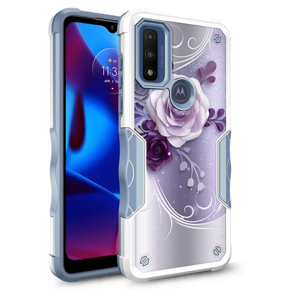 Moto G Pure Case, Moto G Power 2022 Case, Moto G Play 2022/2023 Case, Rosebono Hybrid Dual Layer Graphic Design Pattern Heavy Duty Protection Case For Motorola G Pure (Purple Flower)