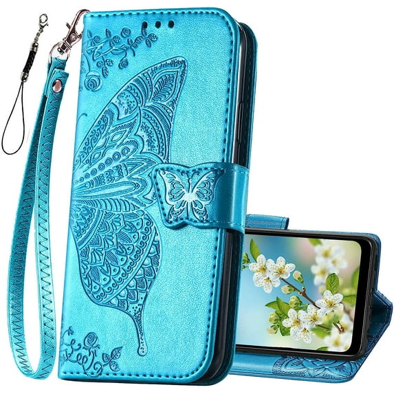 for Moto G Pure Phone Case Wallet,Women Butterfly Embossed PU Leather Protective Phone Case with Kickstand Card Holder Slots Wrist Strap Flip Cover for Motorola Moto G Pure(Blue)