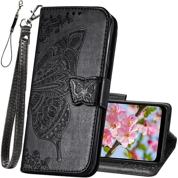 for Moto G Pure Wallet Case,Women Butterfly Embossed PU Leather Protective Phone Case with Kickstand Card Holder Slots Wrist Strap Flip Cover for Motorola Moto G Pure (2021) (Black)