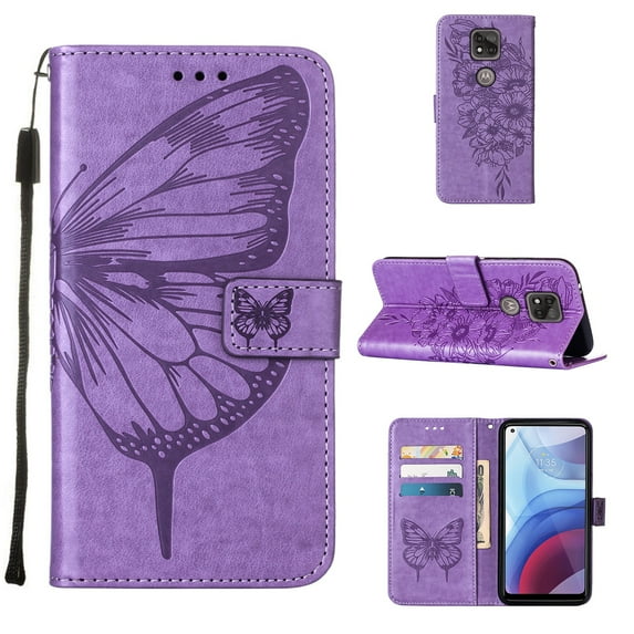 Moto G Stylus (2021) Case, Dteck Embossed Butterfly PU Leather Credit Card Slots Wallet Case with Hand Strap for Motorola Moto G Stylus 2021, Light Purple