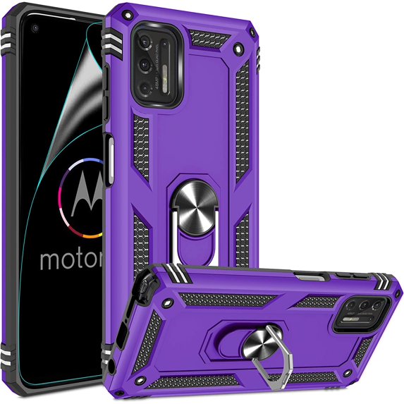 Moto G Stylus 2021 Case, HD Screen Protector, Military-Grade Magnetic Ring Holder, Kickstand Shockproof Protective, Purple