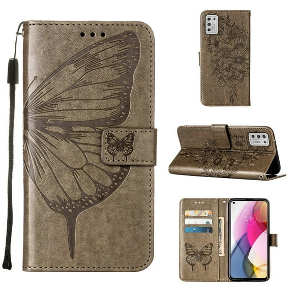 Moto G Stylus 2021 Wallet Case, Embossed Butterfly PU Leather Credit Card Holder Slots Full Body Protection Kickstand Flip Folio Shockproof TPU Phone Cover for Motorola Moto G Stylus 2021, Gray