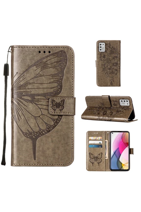 Moto G Stylus 2021 Wallet Case, Embossed Butterfly PU Leather Credit Card Holder Slots Full Body Protection Kickstand Flip Folio Shockproof TPU Phone Cover for Motorola Moto G Stylus 2021, Gray
