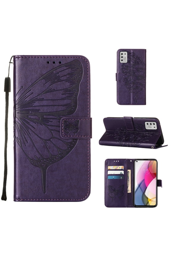 Moto G Stylus 2021 Wallet Case, Embossed Butterfly PU Leather Credit Card Holder Slots Full Body Protection Kickstand Flip Folio Shockproof TPU Phone Cover for Motorola Moto G Stylus 2021, Purple