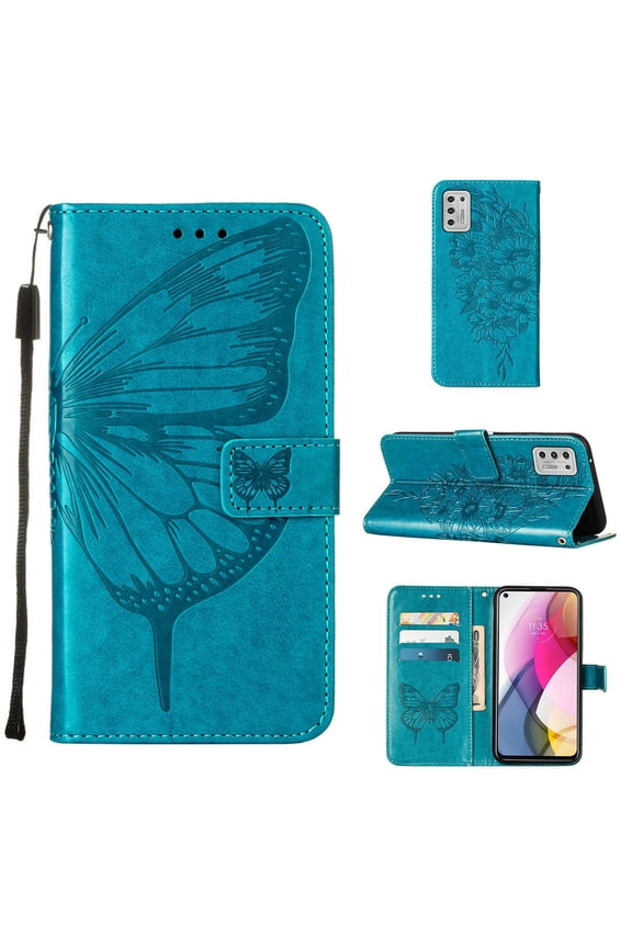 Moto G Stylus 2021 Wallet Case, Embossed Butterfly PU Leather Credit Card Holder Slots Full Body Protection Kickstand Flip Folio Shockproof TPU Phone Cover for Motorola Moto G Stylus 2021, Blue