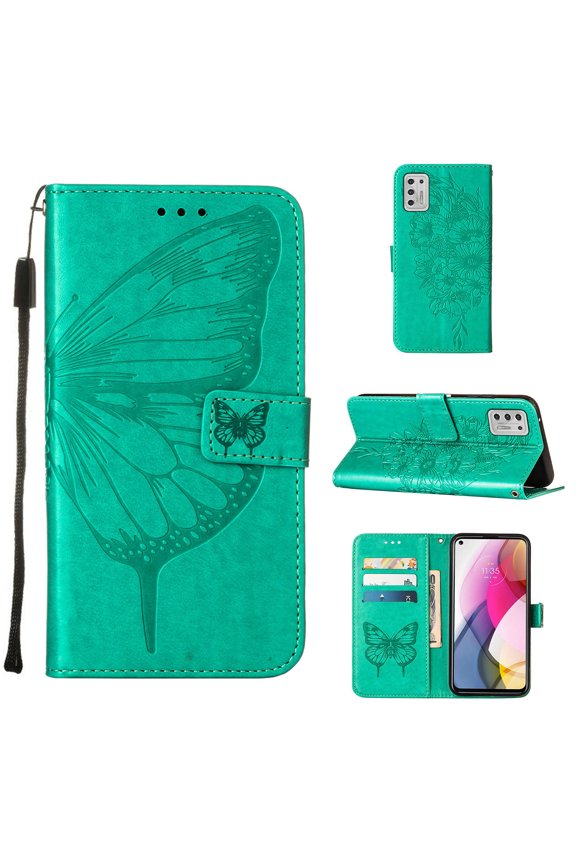 Moto G Stylus 2021 Wallet Case, Embossed Butterfly PU Leather Credit Card Holder Slots Full Body Protection Kickstand Flip Folio Shockproof TPU Phone Cover for Motorola Moto G Stylus 2021, Green
