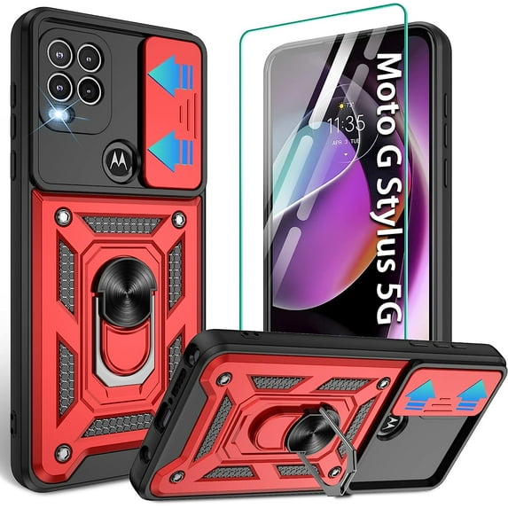 for Moto G Stylus 5G (2021) Phone Case with Screen Protector,Shockproof Phone Cover with Magnetic Kickstand Ring Case for Motorola G Stylus 5G 2021, Red