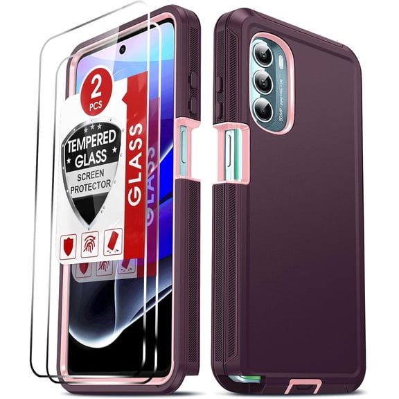 for Moto-G-Stylus-5G-2022 Case: 2PCS Tempered Glass Screen Protectors, 3 in 1 Full Body Shockproof Rubber Dustproof Rugged Defender Phone Cover for Motorola MotoG Stylus5G2022 XT2215, Wine Red