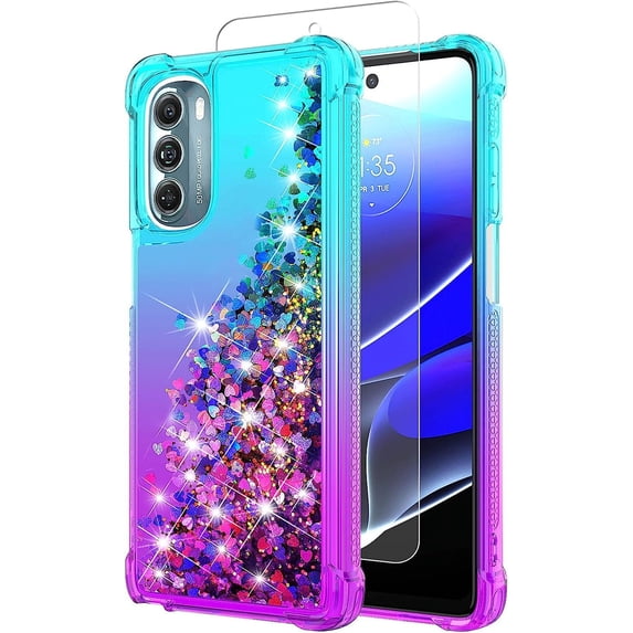 for Moto G Stylus 5G 2022 Case,with HD Screen Protector,Gradient Quicksand Glitter Liquid Floating Waterfall Durable Girls Cute Phone Case for Motorola G Stylus 5G 2022 (Teal/Purple)