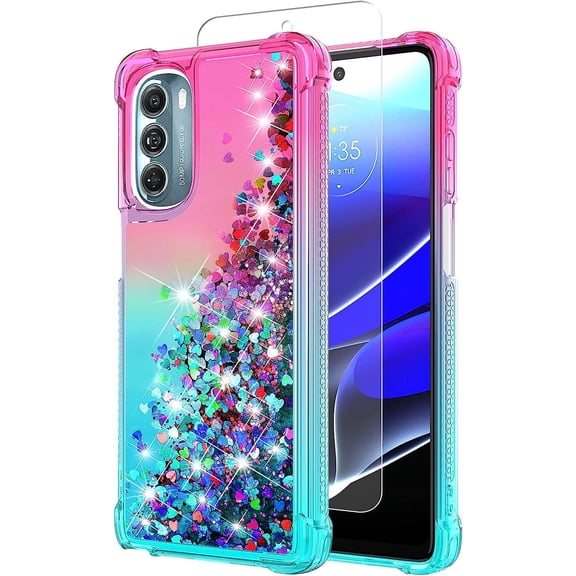 for Moto G Stylus 5G 2022 Case,with HD Screen Protector,Gradient Quicksand Glitter Liquid Floating Waterfall Durable Girls Cute Phone Case for Motorola G Stylus 5G 2022 (Pink/Teal)