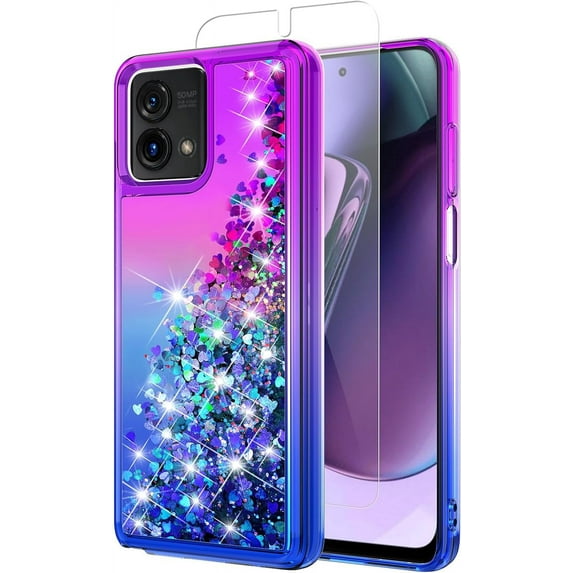 for Moto G Stylus 5G 2023 Case,with HD Screen Protector,Gradient Quicksand Glitter Liquid Floating Waterfall Durable Girls Cute Phone Case for Motorola G Stylus 5G 2023 (Purple/Blue)