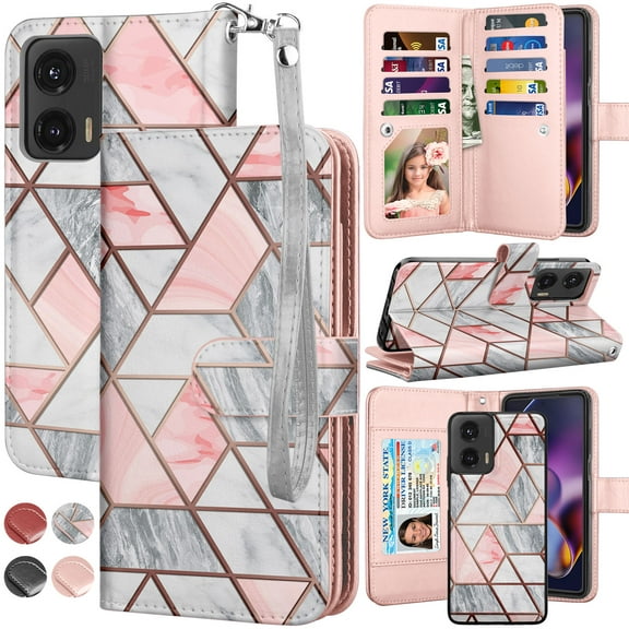 For Moto G Stylus 5G 2024 Case, Motorola Moto G Stylus 5G 2024 Leather Wallet Case with Card Holder and Lanyard for Women Men, eBizWare Magnetic Flip Detachable Phone Cover - Marble Pink