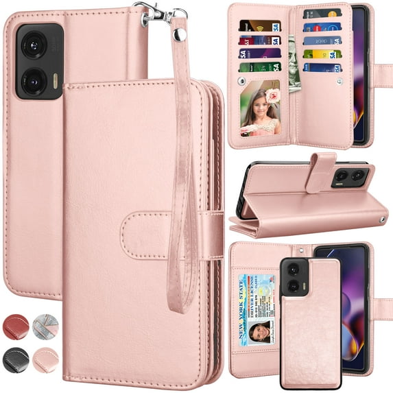 For Moto G Stylus 5G 2024 Case, Motorola Moto G Stylus 5G 2024 Leather Wallet Case with Card Holder and Lanyard for Women Men, eBizWare Magnetic Flip Detachable Phone Cover - Rose Gold