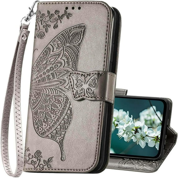 for Moto G Stylus 5G 2024 Case Wallet,Women Flip Folio Cover with Card Holders Butterfly Embossed PU Leather Stand Wrist Strap Phone Case for Motorola Moto G Stylus 5G 2024 (Gray)