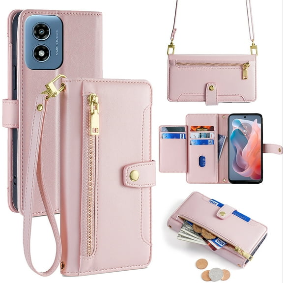 For Moto G Stylus 5G 2024 Wallet Case, Crossbody Shoulder Strap Zipper Pocket Cards Holder Shockproof Premium PU Leather Portable Phone Case for Motorola G Stylus 5G 2024, Pink
