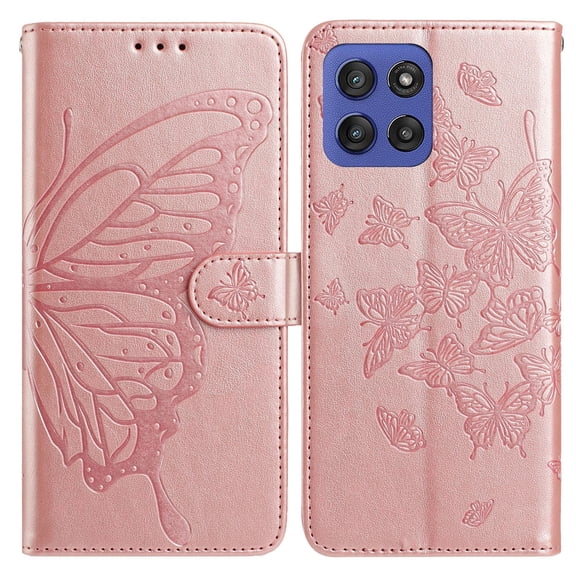 For Moto G Stylus 5G (2025) Folio Wallet Case with Wrist Strap, Embossed Butterfly Pattern, Lightweight Protective PU Leather Phone Case with Credit Card/Cash Slots, Magnetic Closure, Rosegold