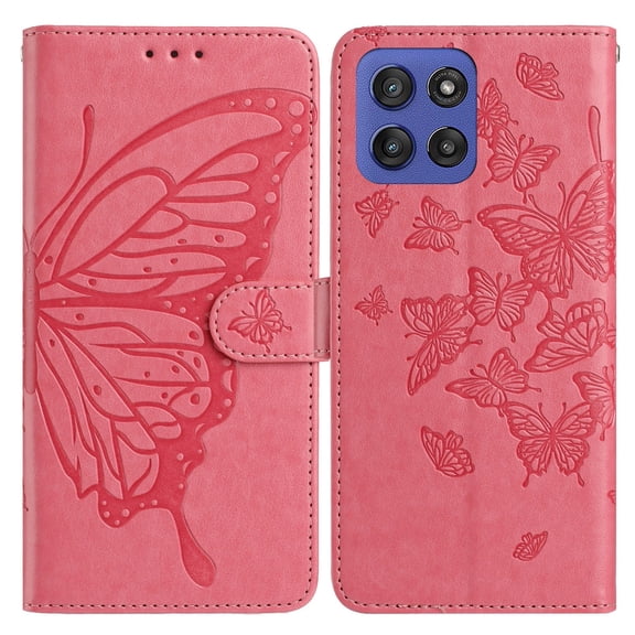 For Moto G Stylus 5G (2025) Folio Wallet Case with Wrist Strap, Embossed Butterfly Pattern, Lightweight Protective PU Leather Phone Case with Credit Card/Cash Slots, Magnetic Closure, Pink