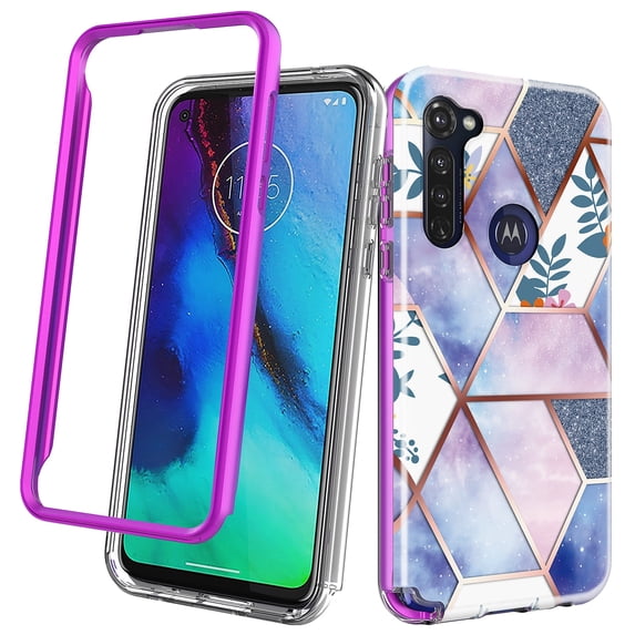 Moto G Stylus Case, Moto G Pro Case, Rosebono Hybrid Dual-Layered IMD Design Graphic Purple Marble and Flower Anti-Scratch Drop Protection Skin Cover Shockproof Case for Moto G Stylus