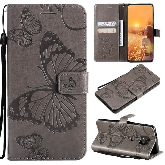 For Moto G power 2021 Wallet Case, Kickstand Case with Credit Card Holder, Embossed Butterfly Pattern with Strap Premium PU Leather Magnetic Closure Shockproof Protective Flip Cover, Gray