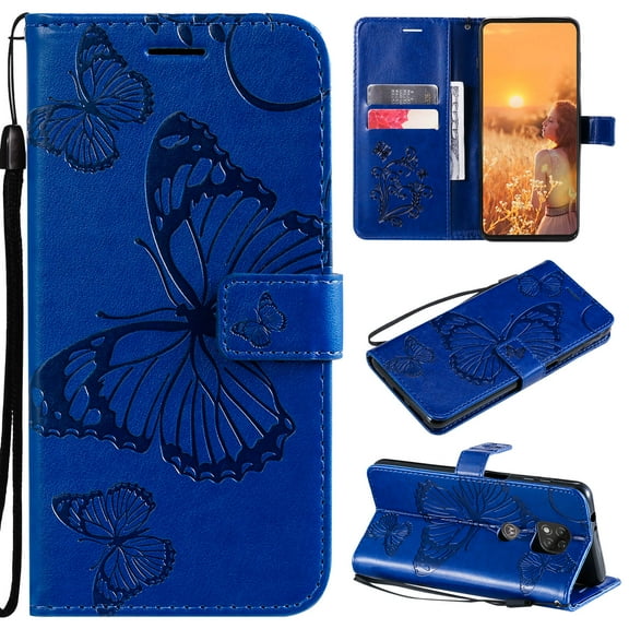 For Moto G power 2021 Wallet Case, Kickstand Case with Credit Card Holder, Embossed Butterfly Pattern with Strap Premium PU Leather Magnetic Closure Shockproof Protective Flip Cover, Blue