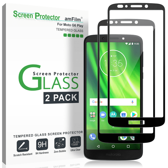 Moto G6 Play Screen Protector, amFilm Full Cover Tempered Glass Screen Protector with Dot Matrix for Motorola Moto G6 Play (2 Pack, Black)