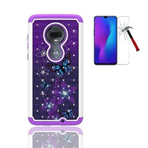 For Motorola Moto G7 XT 1962-4 / Moto G7 Plus XT1965-2 Case, Studded Rhinestone Crystal Bling Shockproof Cover Case + Tempered Glass Screen Protector ( Purple- Blue Butterfly)