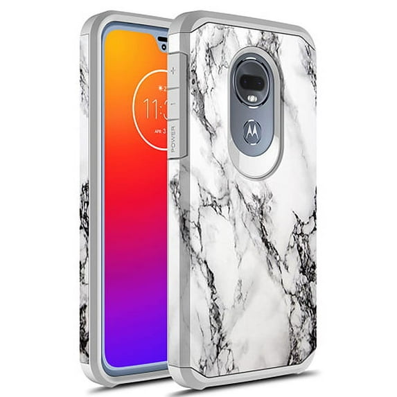 Moto G7 Play Case, KAESAR Slim Hybrid Dual Layer Shockproof Graphic Fashion Cute Colorful Silicone Skin Cover Armor Case for Motorola Moto G Play 7th Generation (White Marble)