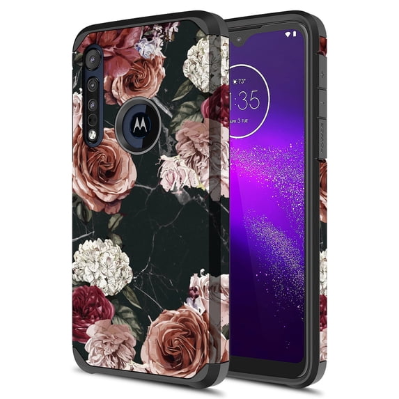 Moto G8 Play Case, Motorola One Macro Case, KAESAR Hybird Drop Protection Sleek Slim Dual Layer Shockproof Colorful Graphic Armor Case For Moto G8 Play (Black Marble Flower)