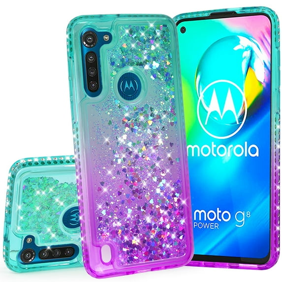 Moto G8 Power Lite Case with Tempered Glass Screen Protector SOGA Diamond Liquid Quicksand Cover Cute Girl Women Phone Case - Teal / Purple