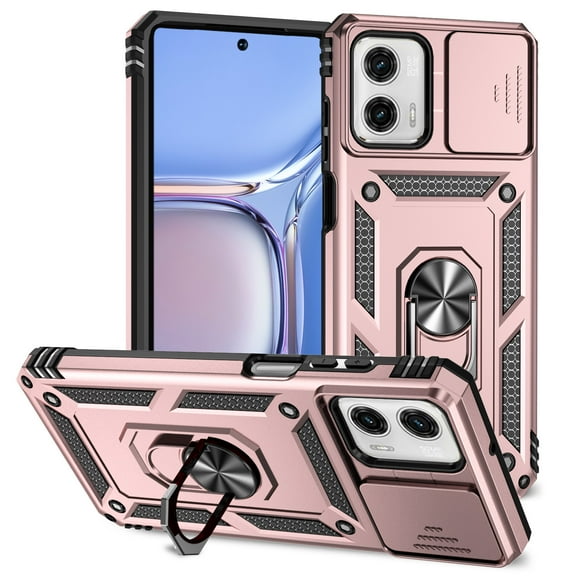 For Moto Moto G Play 4G (2024) Case Heavy Duty Military Grade Protection,Camera Lens Slide Protection & 360°Rotate Magnetic Car Mount Holder Kickstand Rugged Shockproof Drop Hard Shell,Rosegold